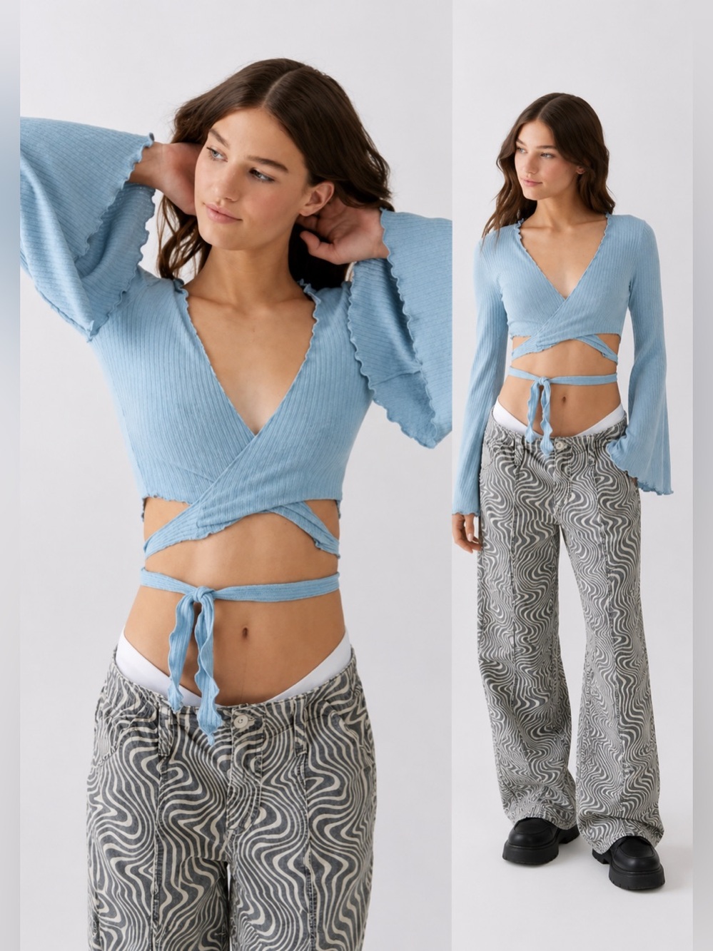 Urban Outfitters Daisy Ribbed Tie Front Bell Sleeve Crop Top Fairy Grunge Boho